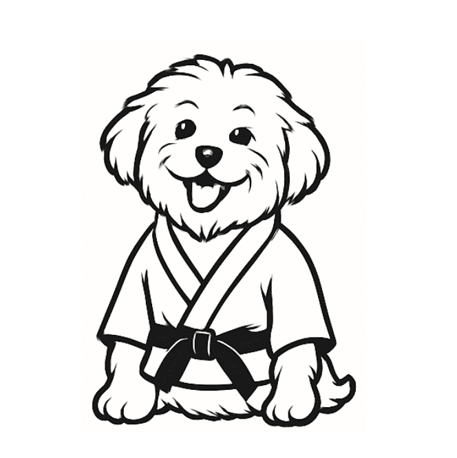 Smiling dog wearing karate gi with black belt