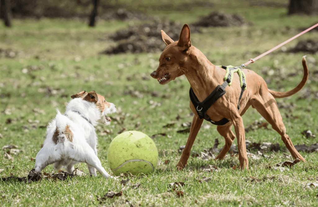 Two dogs snarling and growling at each other