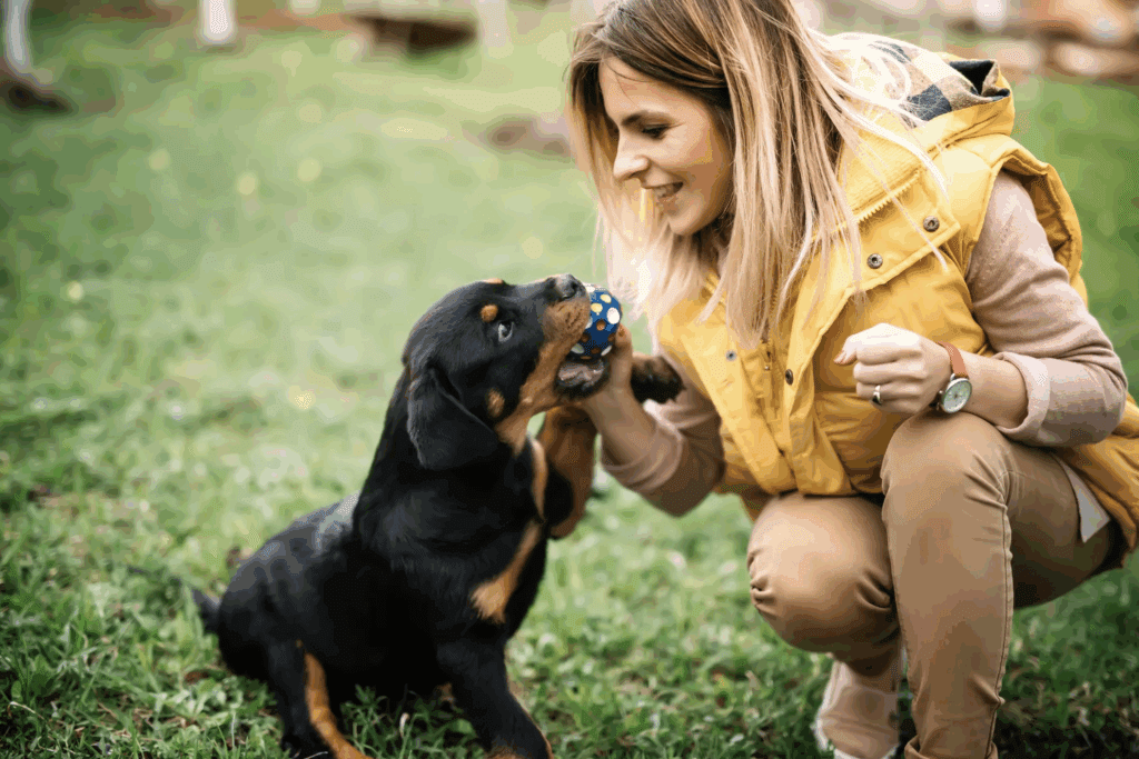 A woman teaching her dog to play fetch
