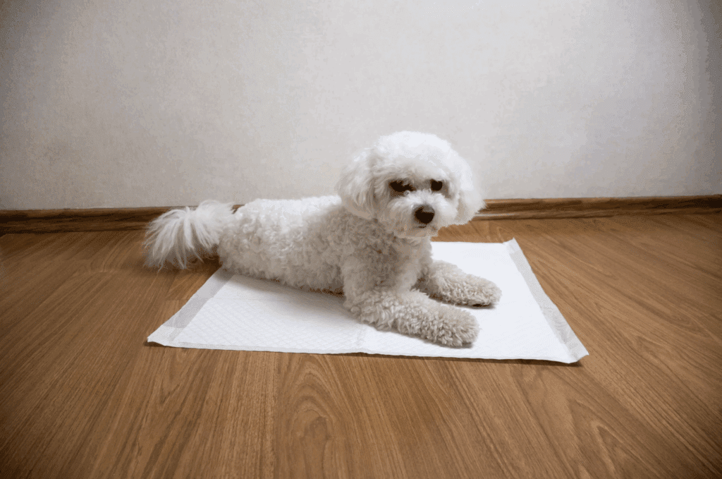 Maltese lying on puppy pee pad