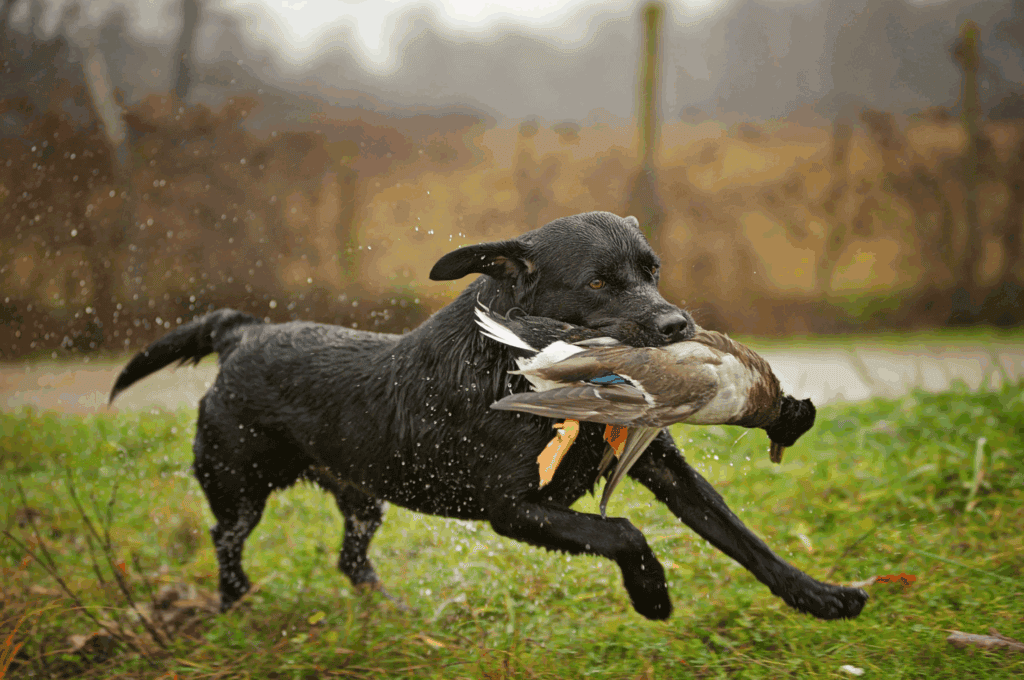 Black Labrador retrieving bird
