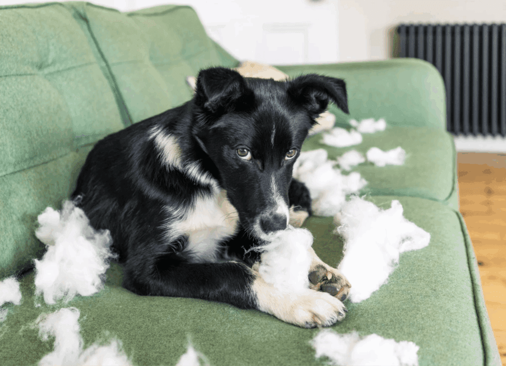 a dog lying on a couch surrounded by pillow stuffing he has chewed